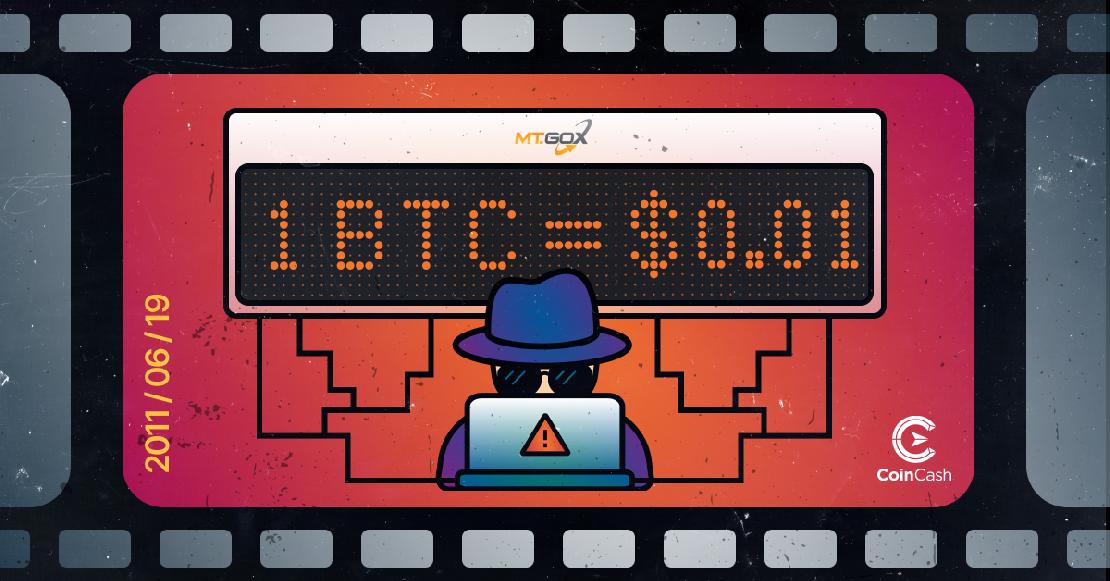 Hacker ül a számítógépe mögött, felette a Mt. Gox árfolyam kijelzője 1 BTC = 0.01 $-ral